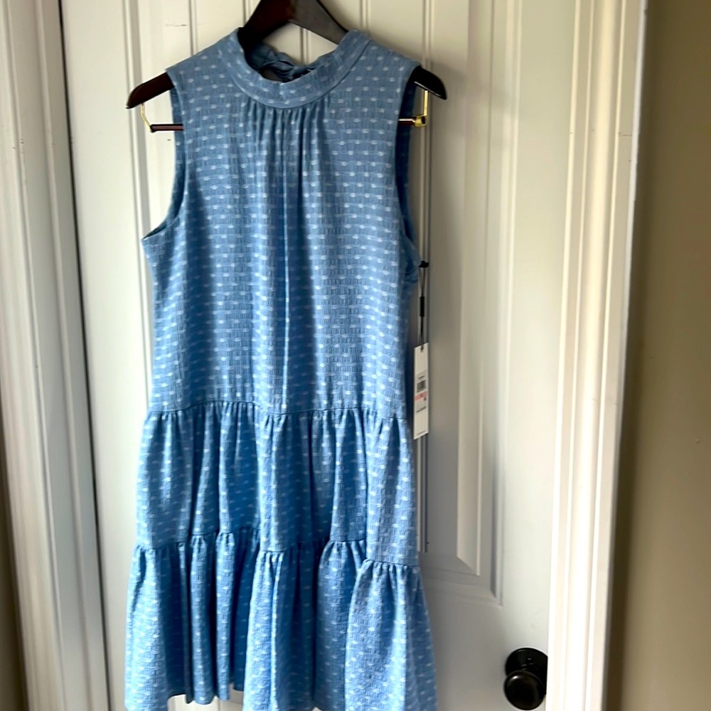 Calvin Klein Size 10 Blue White Dress With Back Bow, 100% Cotton NWT, New Women